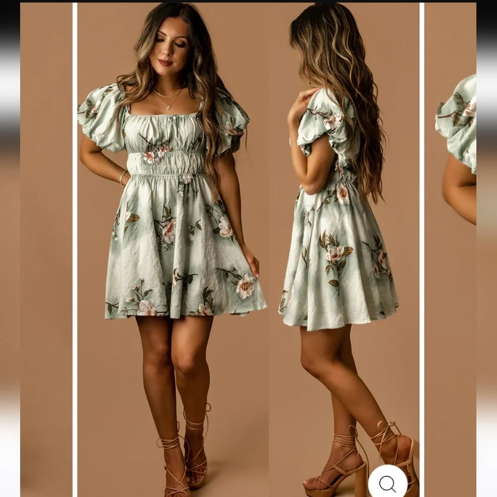 HYFVE Sage Floral Magnolia Puff Sleeve Mini Dress Garden Party Sz Large - Picture 2 of 7